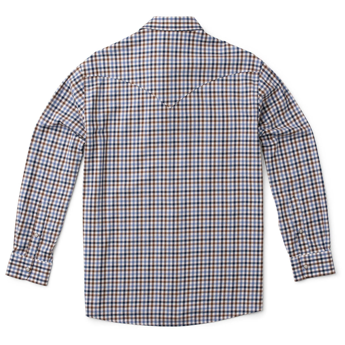 Men's Bisley long-sleeve Western shirt in blue, brown and white check with Western yoke - back view