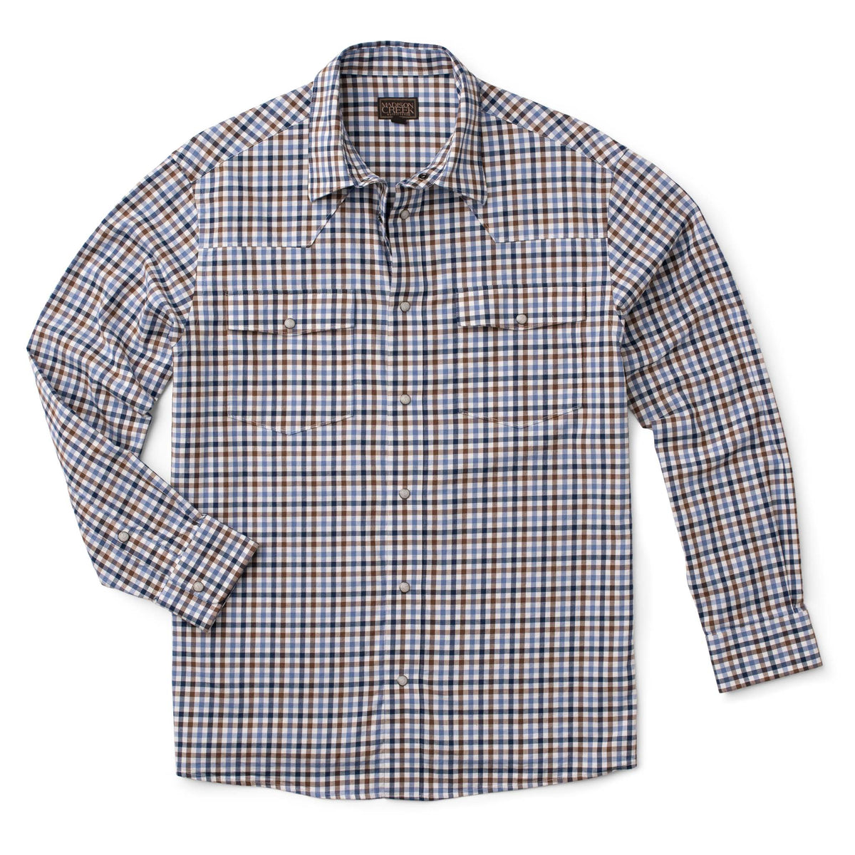 Men's Bisley long-sleeve Western shirt in blue, brown and white check with Western yoke and pearl snaps - front view