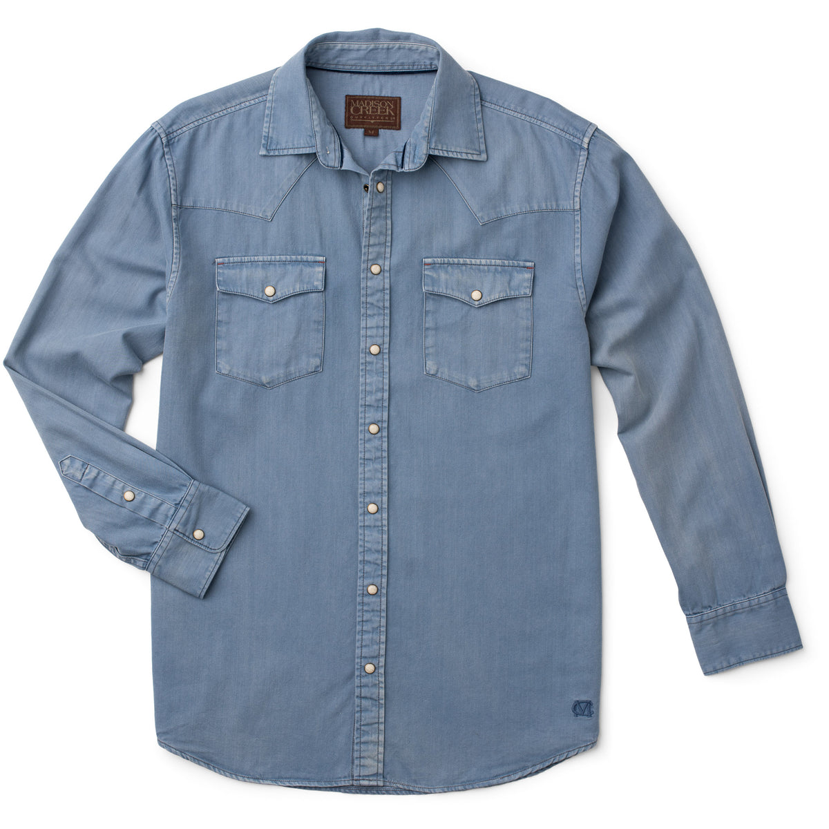 Men's Bisley long-sleeve Western shirt in solid blue with Western yoke and pearl snaps - front view