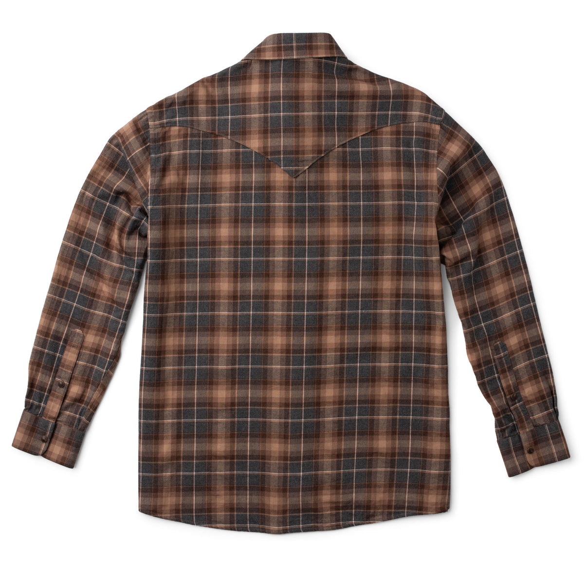 Men's Bisley long-sleeve Western shirt in grey and brown plaid with Western yoke - back view