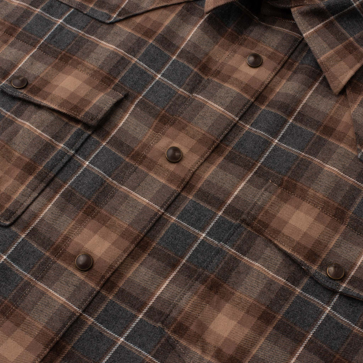 Close-up of men's Bisley Western shirt in grey and brown plaid with pearl snaps
