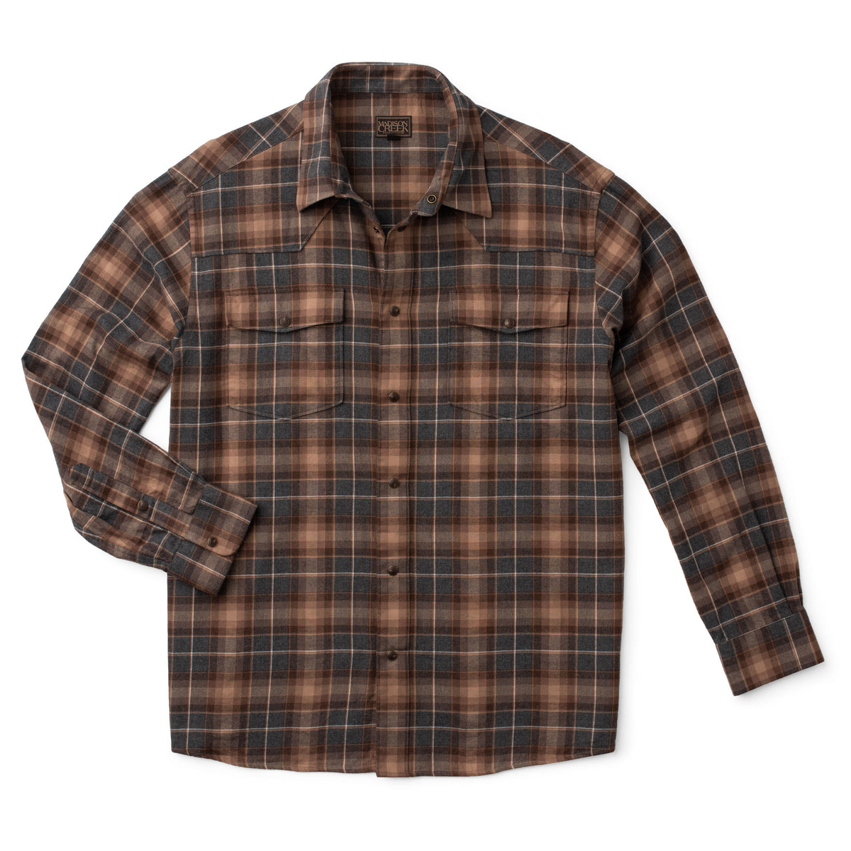 Men's Bisley long-sleeve Western shirt in grey and brown plaid with Western yoke and pearl snaps - front view