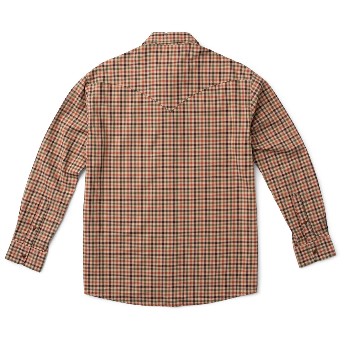 Men's Bisley long-sleeve Western shirt in warm clay, olive, brown and khaki Harvest Check with Western yoke - back view
