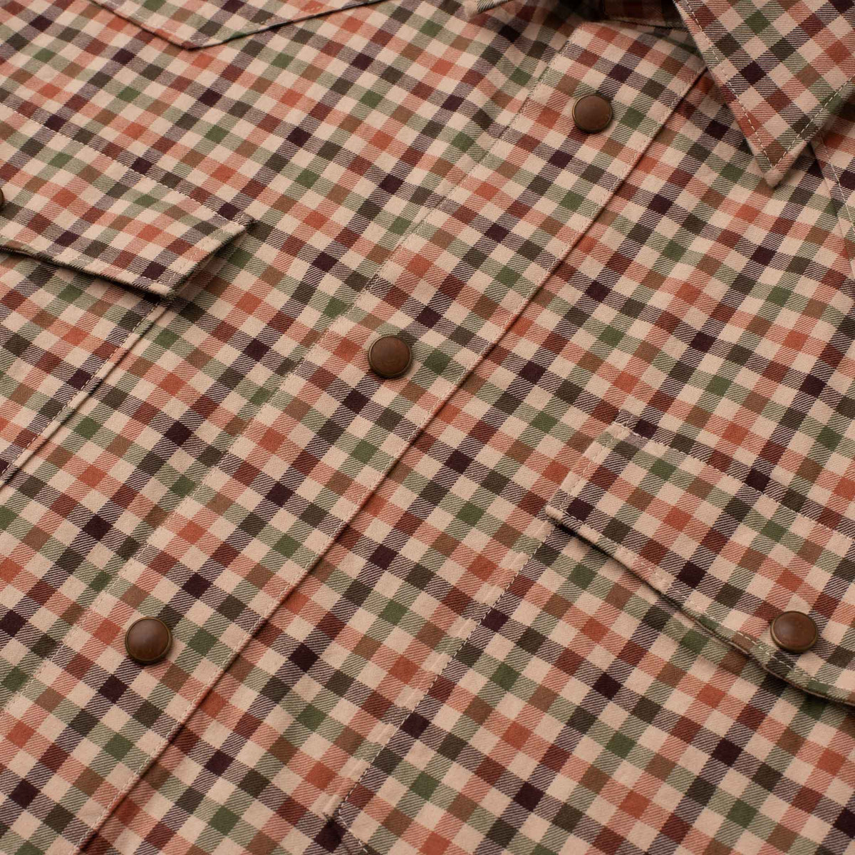 Close-up of men's Bisley Western shirt in warm clay, olive, brown and khaki Harvest Check with pearl snaps