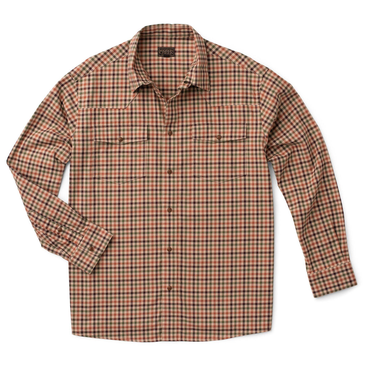 Men's Bisley long-sleeve Western shirt in warm clay, olive, brown and khaki Harvest Check with Western yoke and pearl snaps - front view