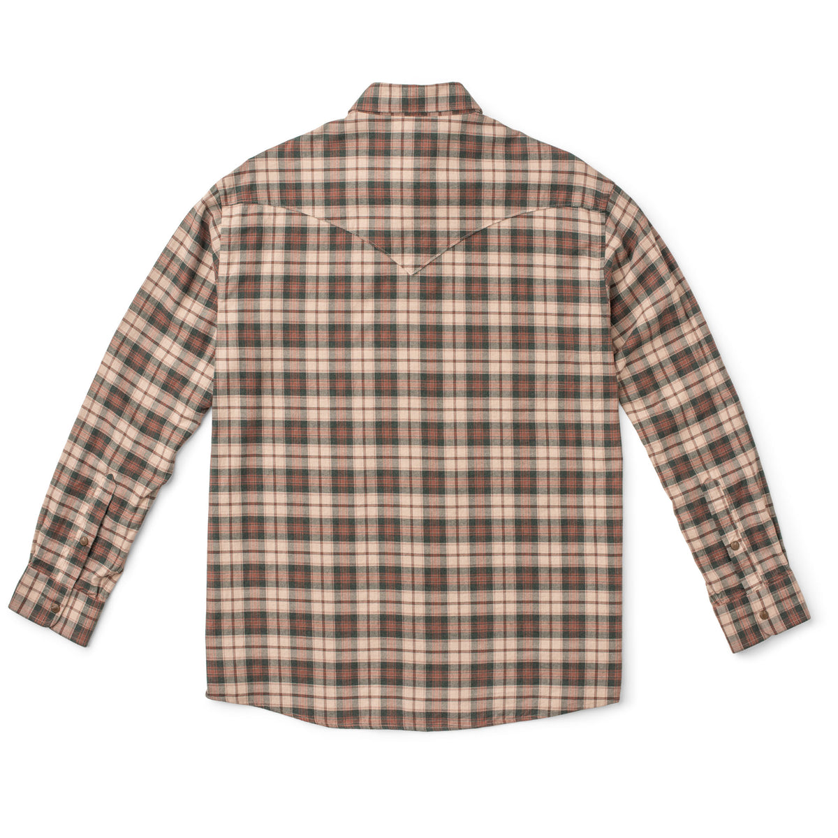 Men's Bisley long-sleeve Western shirt in ivory and green plaid with Western yoke - back view