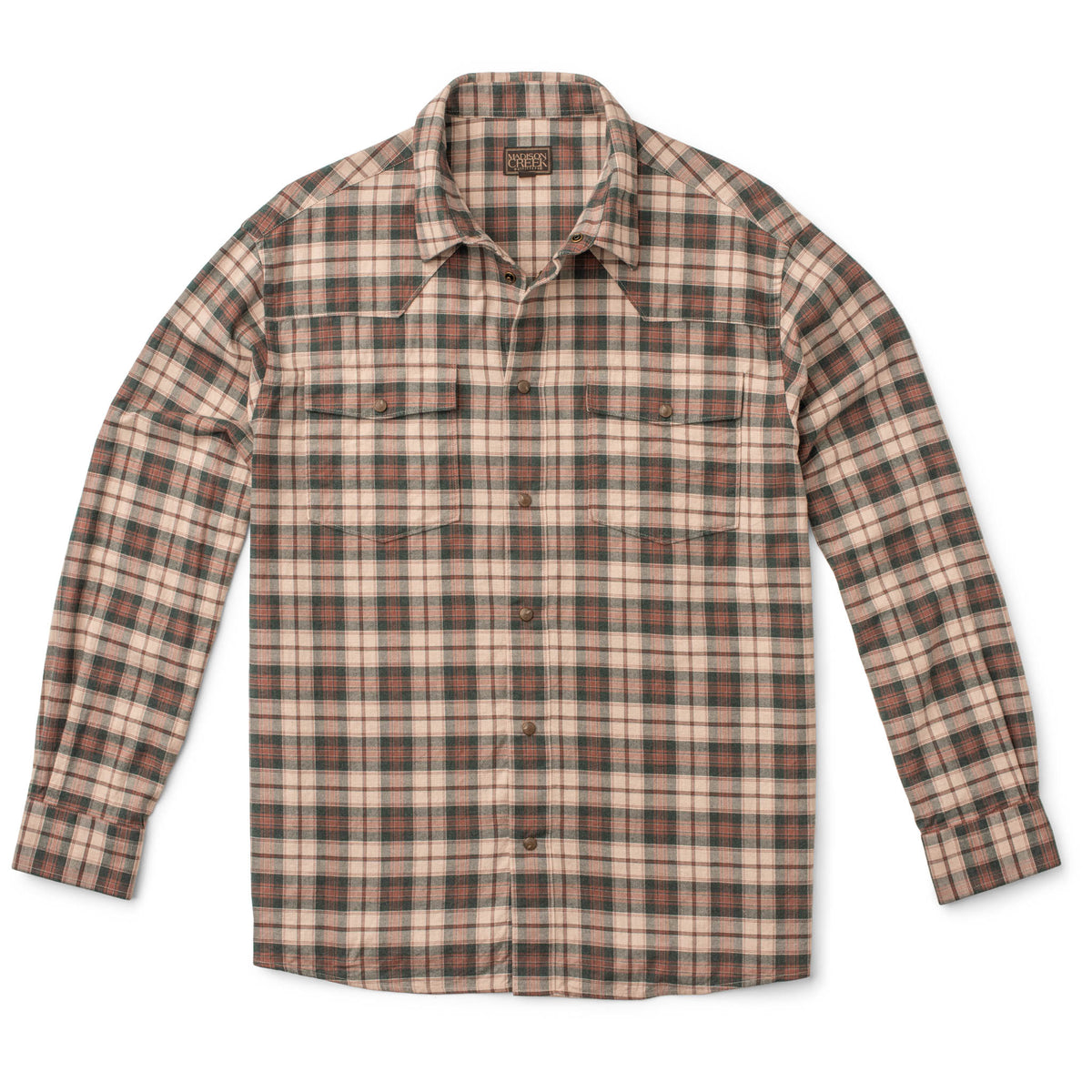 Men's Bisley long-sleeve Western shirt in ivory and green plaid with Western yoke and pearl snaps - front view