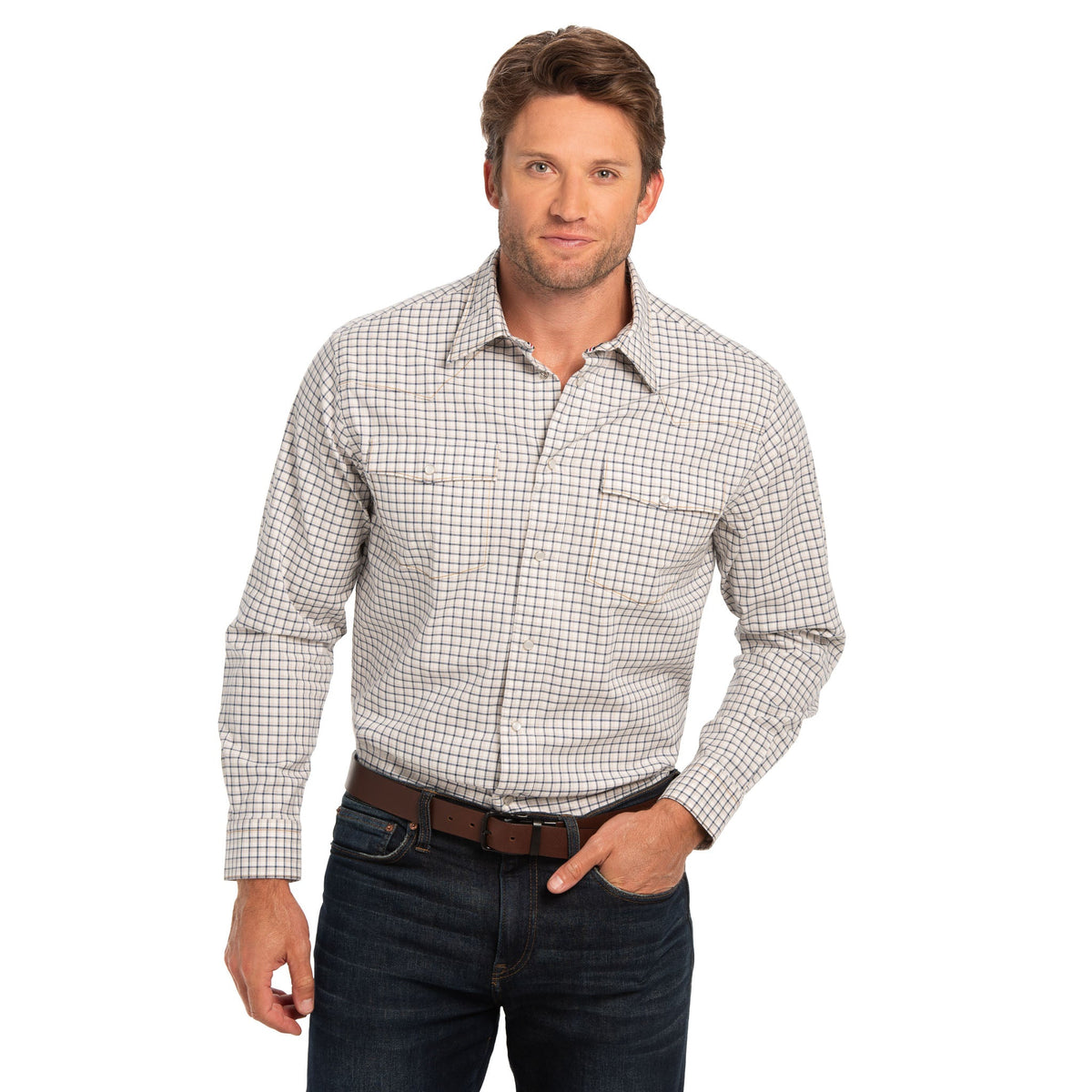 Bisley Plaid Western Shirt - Tan/Blue Plaid