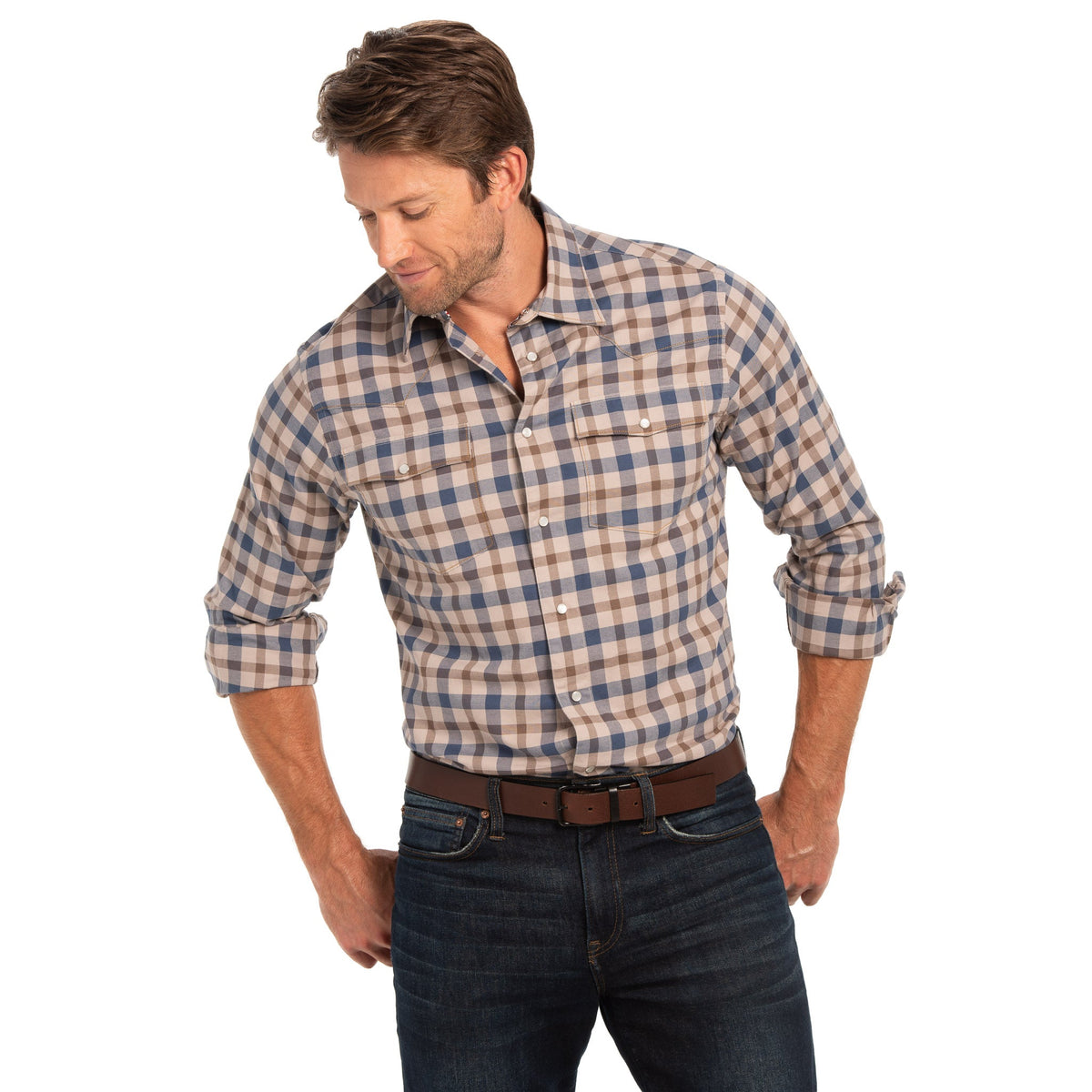 Bisley Plaid Western Shirt - Tan/Blue Plaid