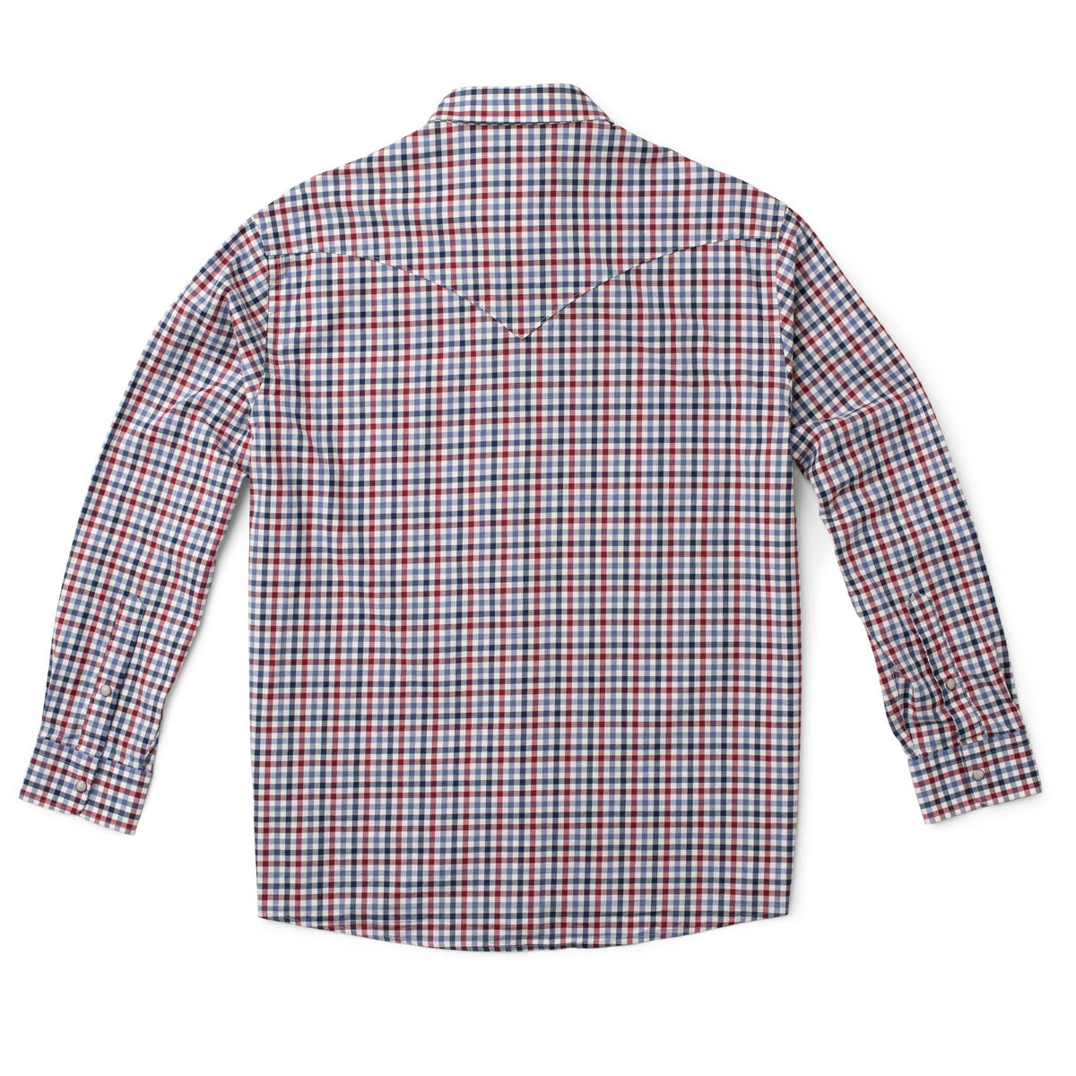 Men's Bisley long-sleeve Western shirt in red, blue and white check with Western yoke - back view
