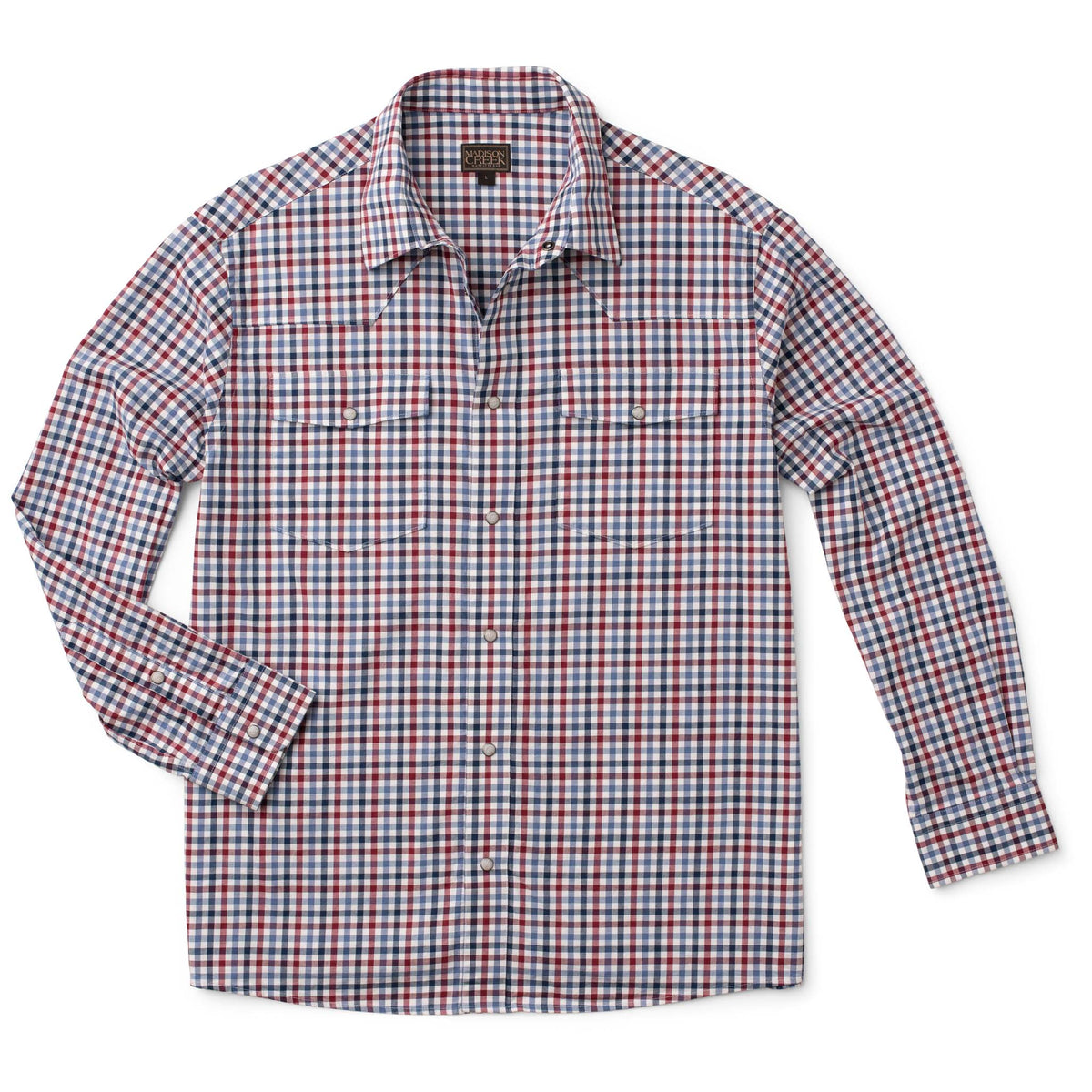 Men's Bisley long-sleeve Western shirt in red, blue and white check with Western yoke and pearl snaps - front view
