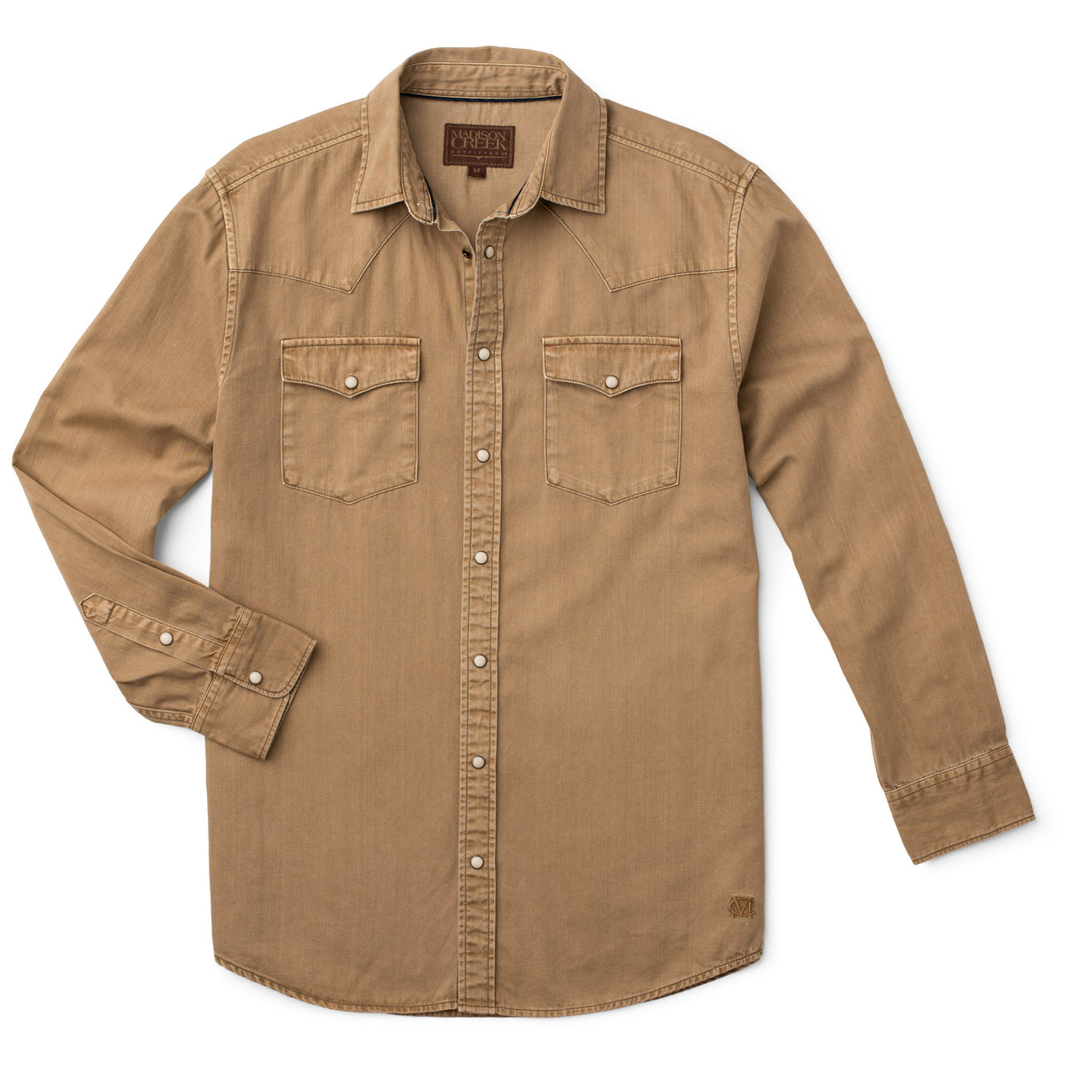 Men's Bisley long-sleeve Western shirt in solid tan with Western yoke and pearl snaps - front view