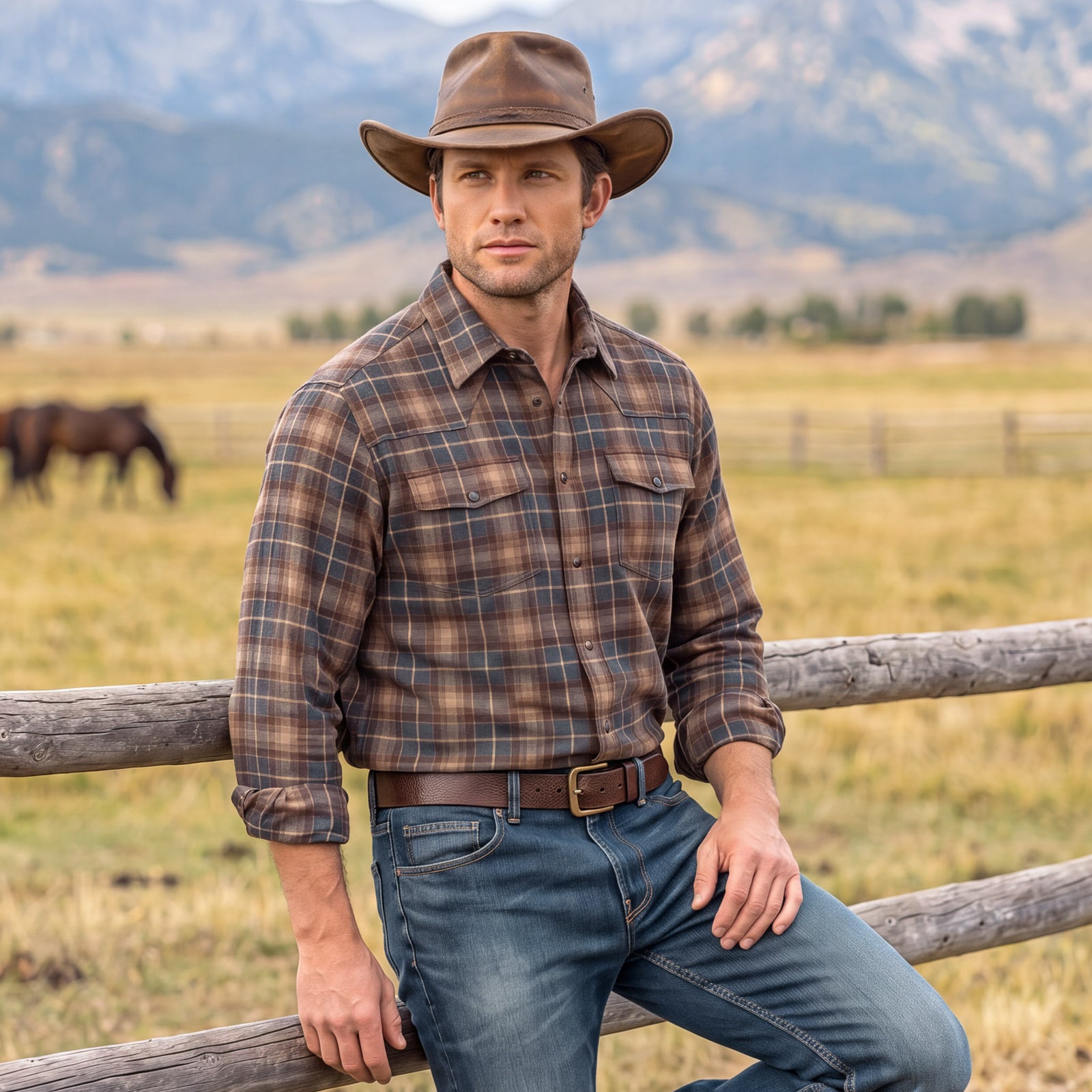 Man wearing the Bisley Western shirt in grey and brown plaid with Western yoke and pearl snaps beside a ranch fence