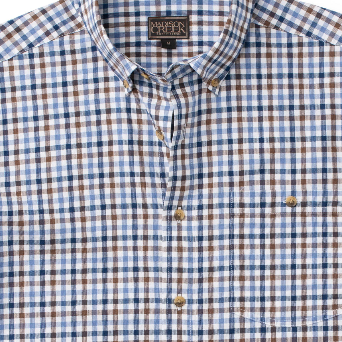 Close-up of Branch men’s stretch cotton button-down shirt in Blue/Brown Check with button-down collar, single patch chest pocket with button closure and horn buttons