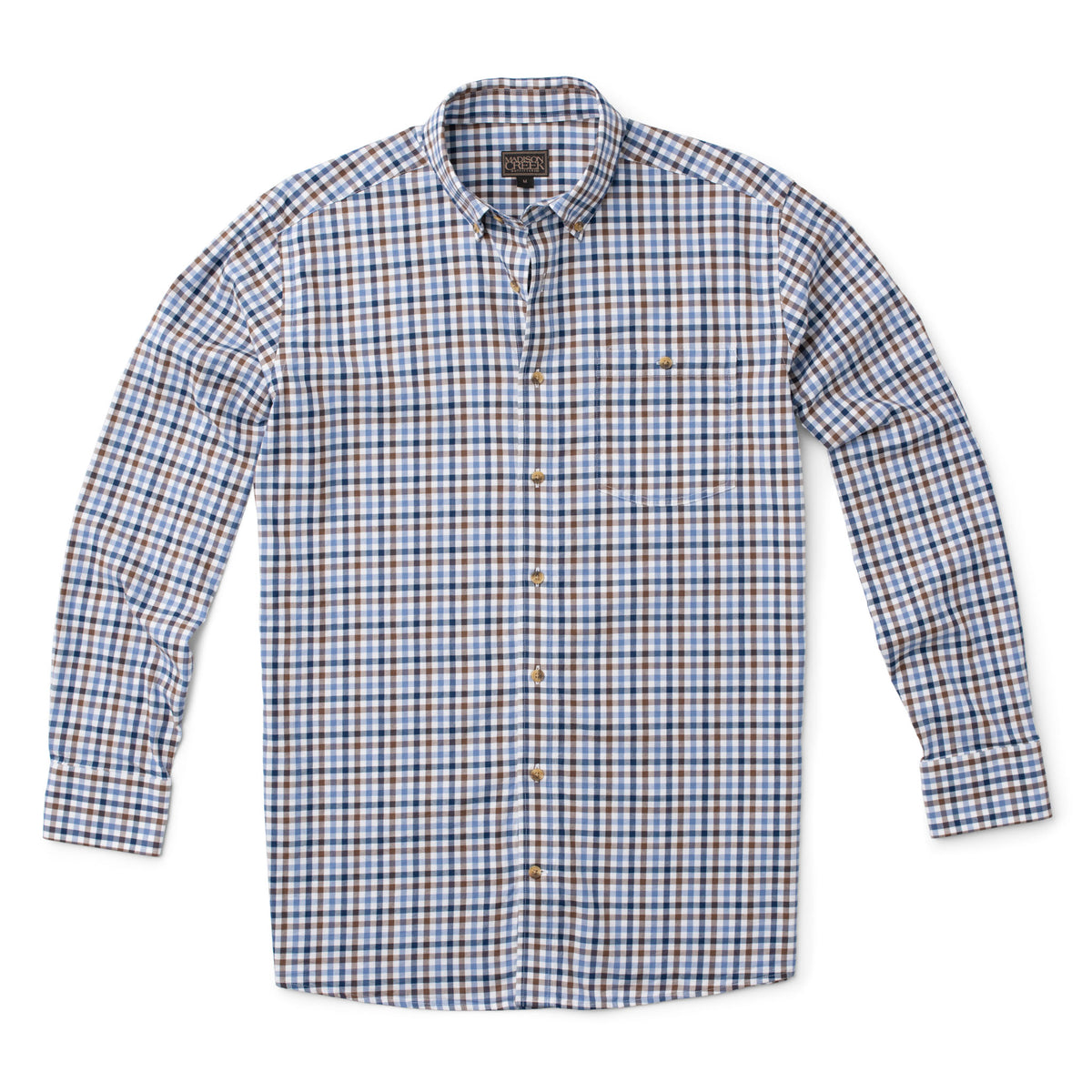 Branch men’s stretch cotton button-down shirt in Blue/Brown Check with button-down collar, single patch chest pocket with button closure and horn buttons