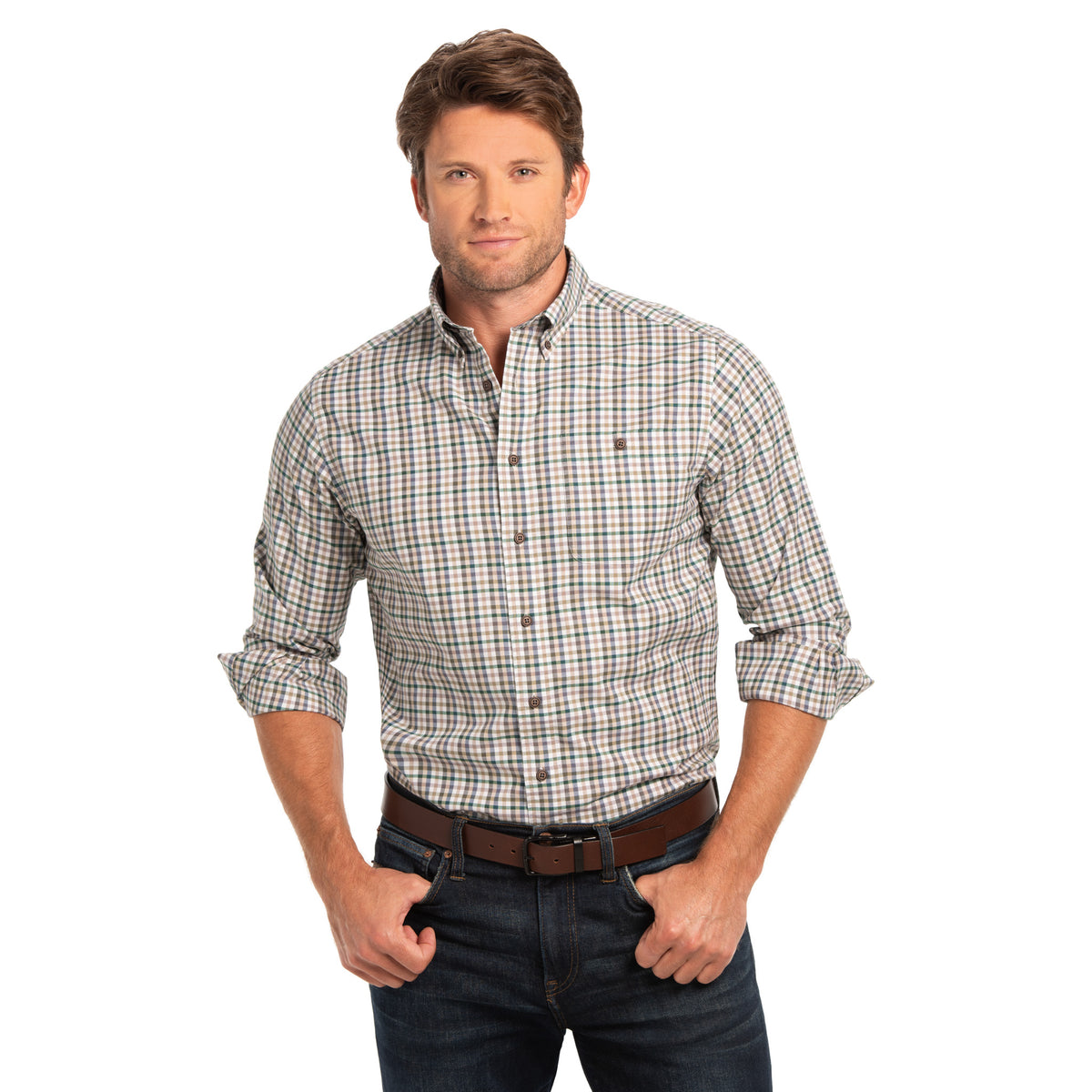 A man wearing the Branch long sleeve men’s button-down shirt in Sage/Khaki Check with button-down collar, single patch chest pocket with button closure and horn-look buttons