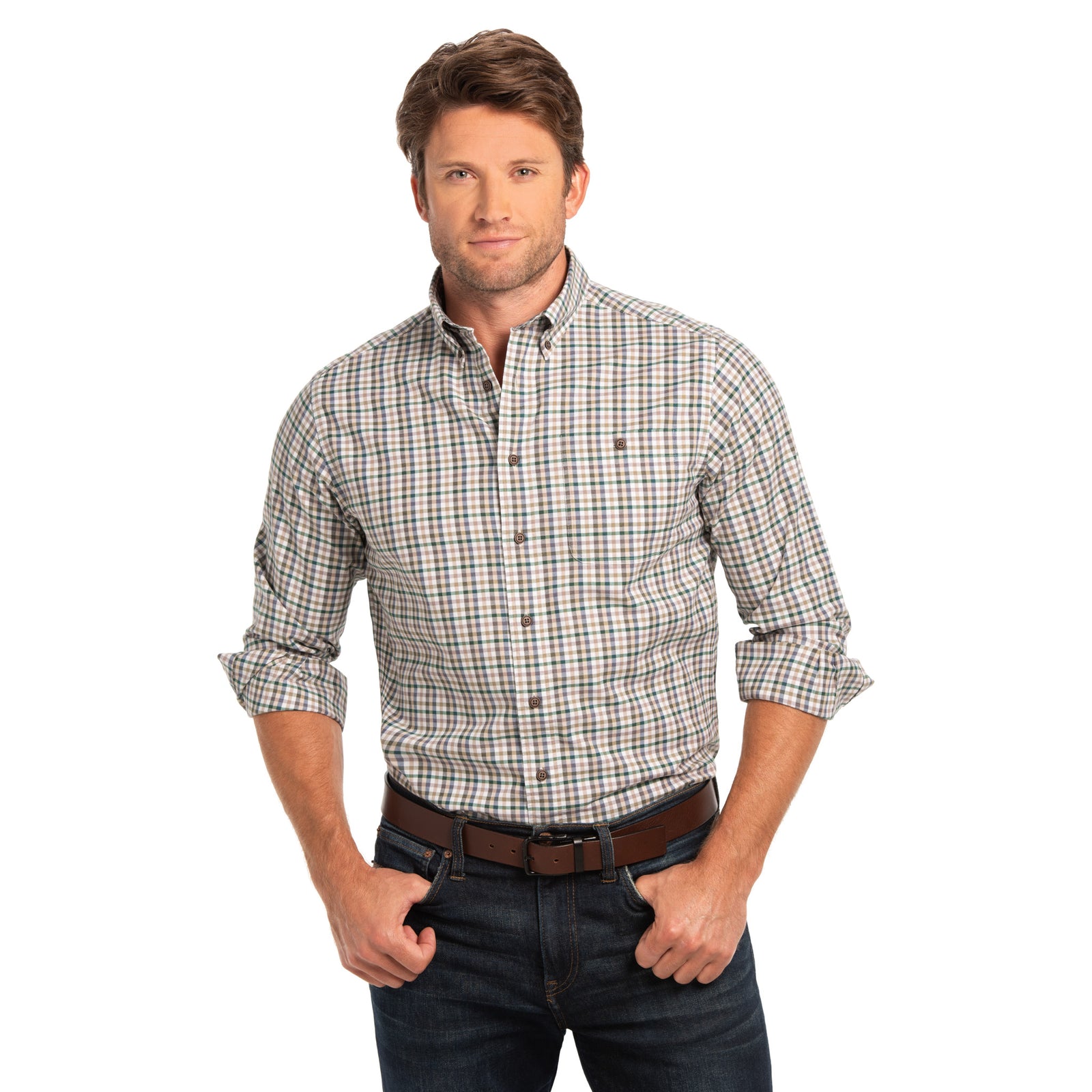 A man wearing the Branch long sleeve men’s button-down shirt in Sage/Khaki Check with button-down collar, single patch chest pocket with button closure and horn-look buttons