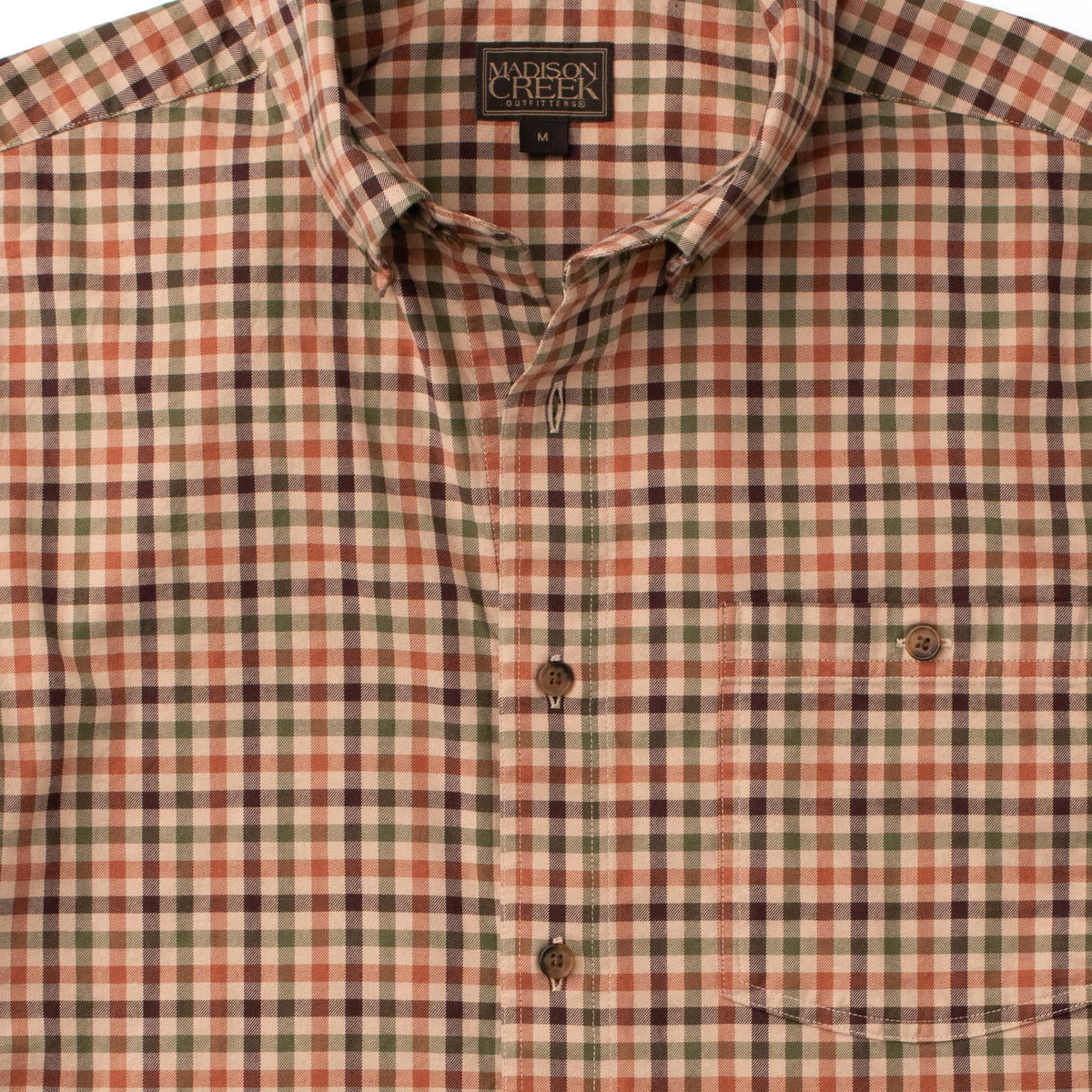 Close-up of Branch men’s stretch cotton button-down shirt in a warm rust, olive and brown check pattern with button-down collar, single patch chest pocket with button closure and horn buttons