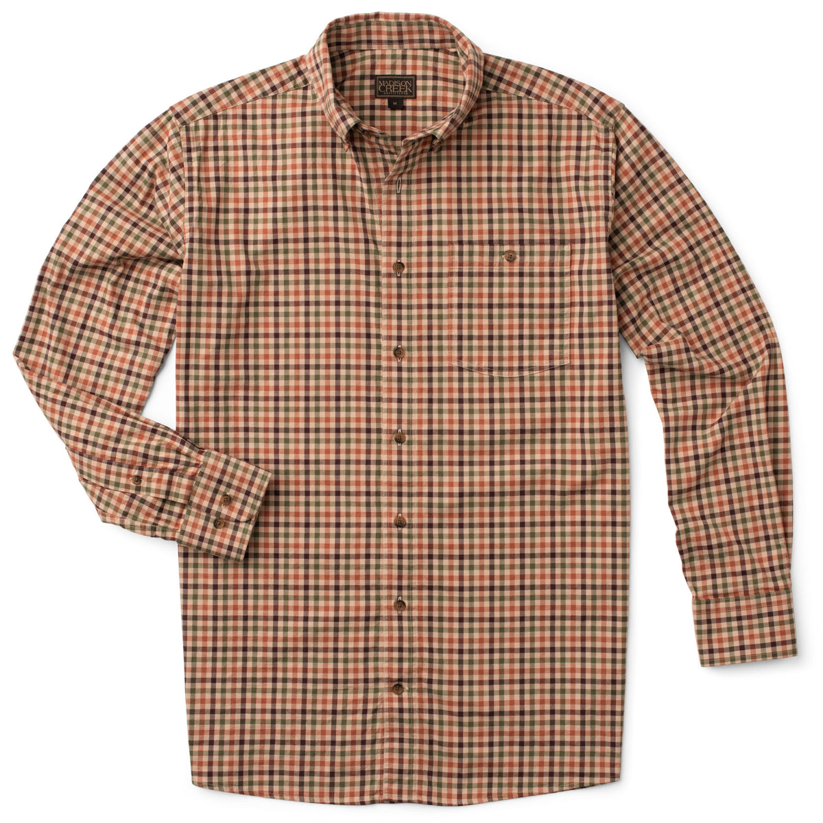 Branch men’s stretch cotton button-down shirt in a warm rust, olive and brown check pattern with button-down collar, single patch chest pocket with button closure and horn buttons