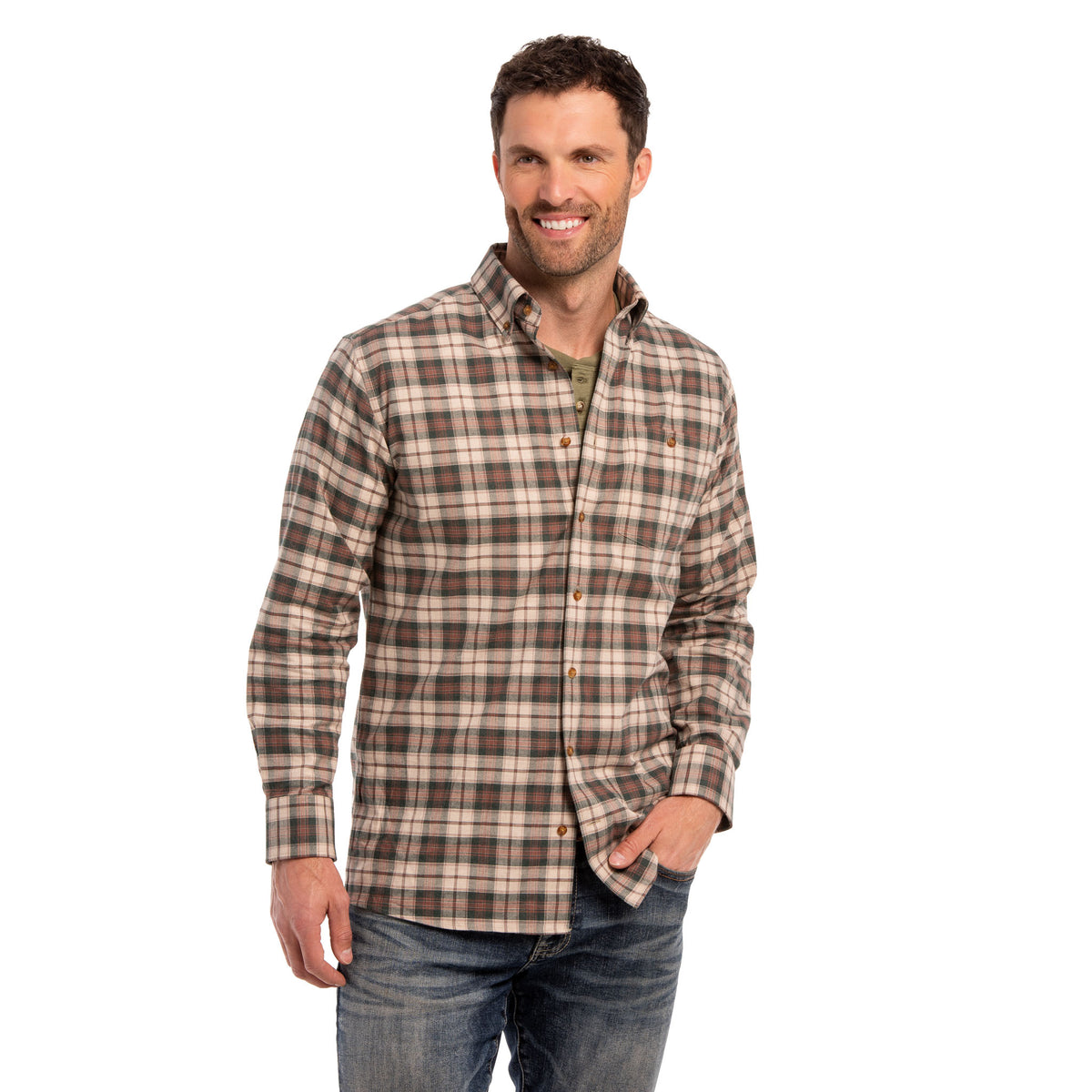 Branch Plaid Brushed Cotton Shirt - Ivory/Green Plaid