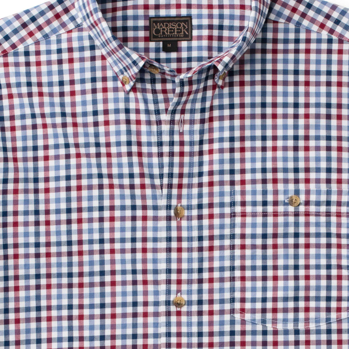 Close-up of Branch men’s stretch cotton button-down shirt in Red/Blue Check with button-down collar, single patch chest pocket with button closure and horn buttons