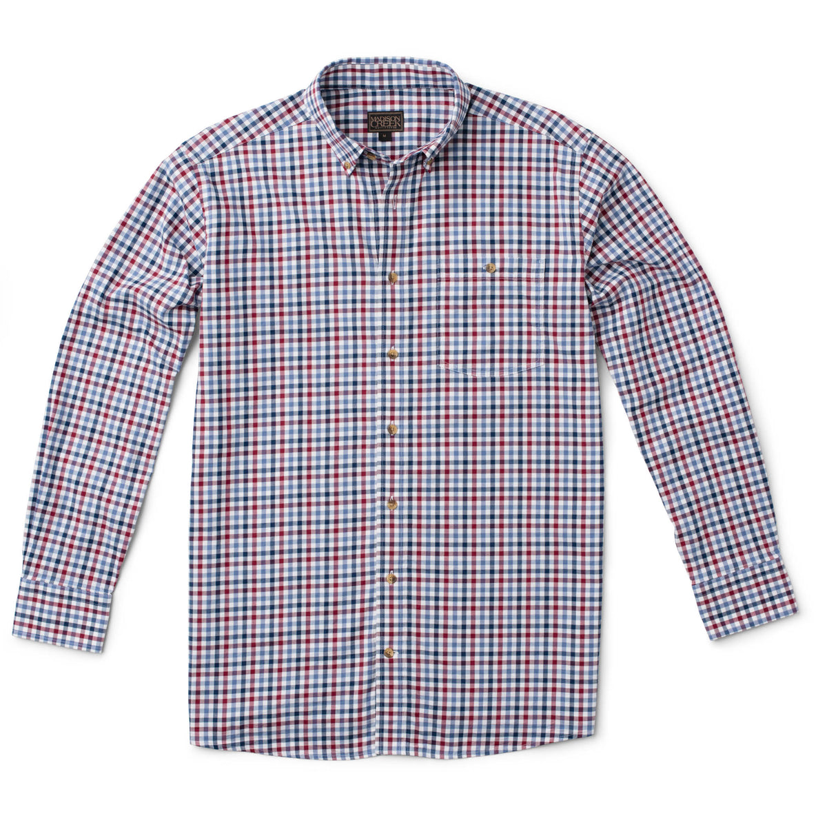Branch men’s stretch cotton button-down shirt in Red/Blue Check with button-down collar, single patch chest pocket with button closure and horn buttons