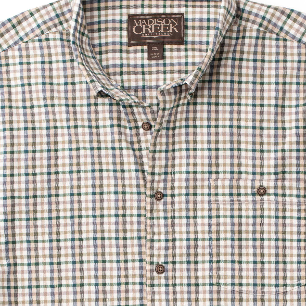 Close-up of Branch men’s stretch cotton button-down shirt in Sage/Khaki Check with button-down collar, single patch chest pocket with button closure and horn buttons