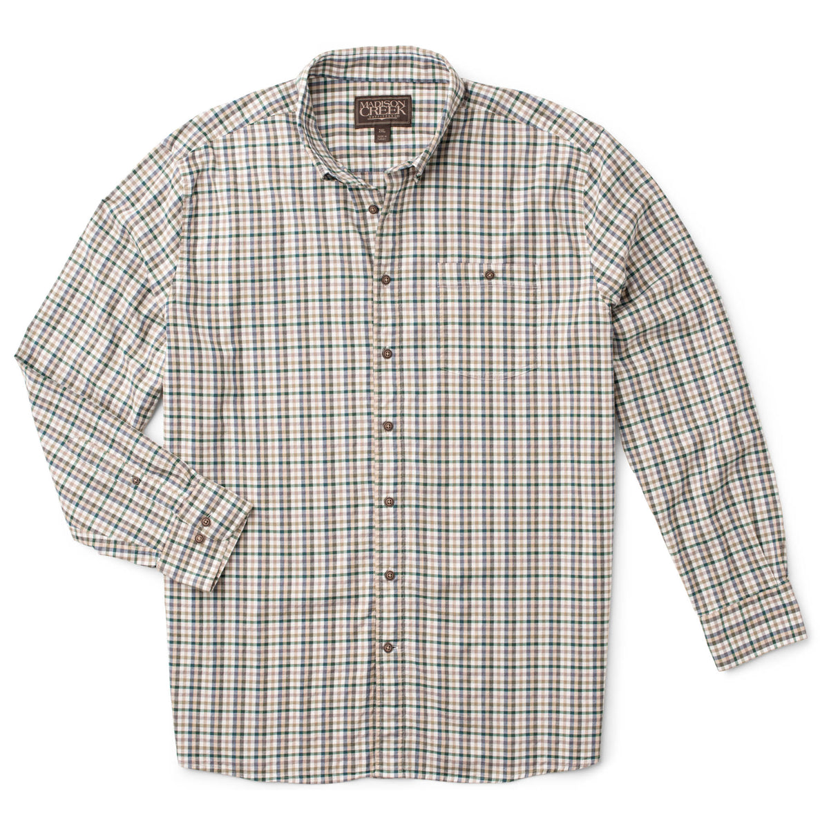 Branch men’s stretch cotton button-down shirt in Sage/Khaki Check with button-down collar, single patch chest pocket with button closure and horn buttons
