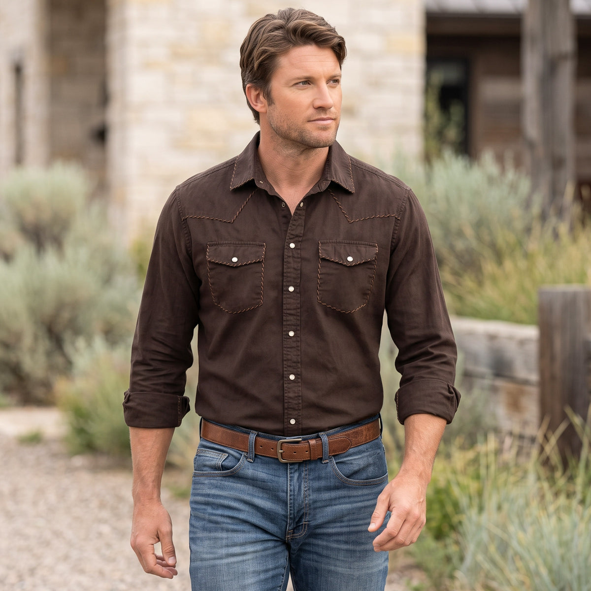 Branson Whipstitch Western Shirt - Coffee