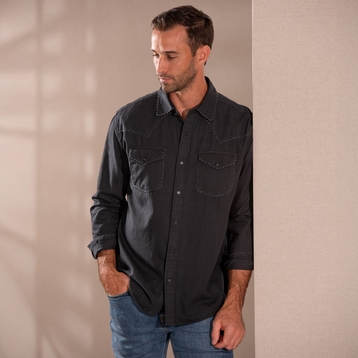 Branson Whipstitch Denim Shirt - Black Denim