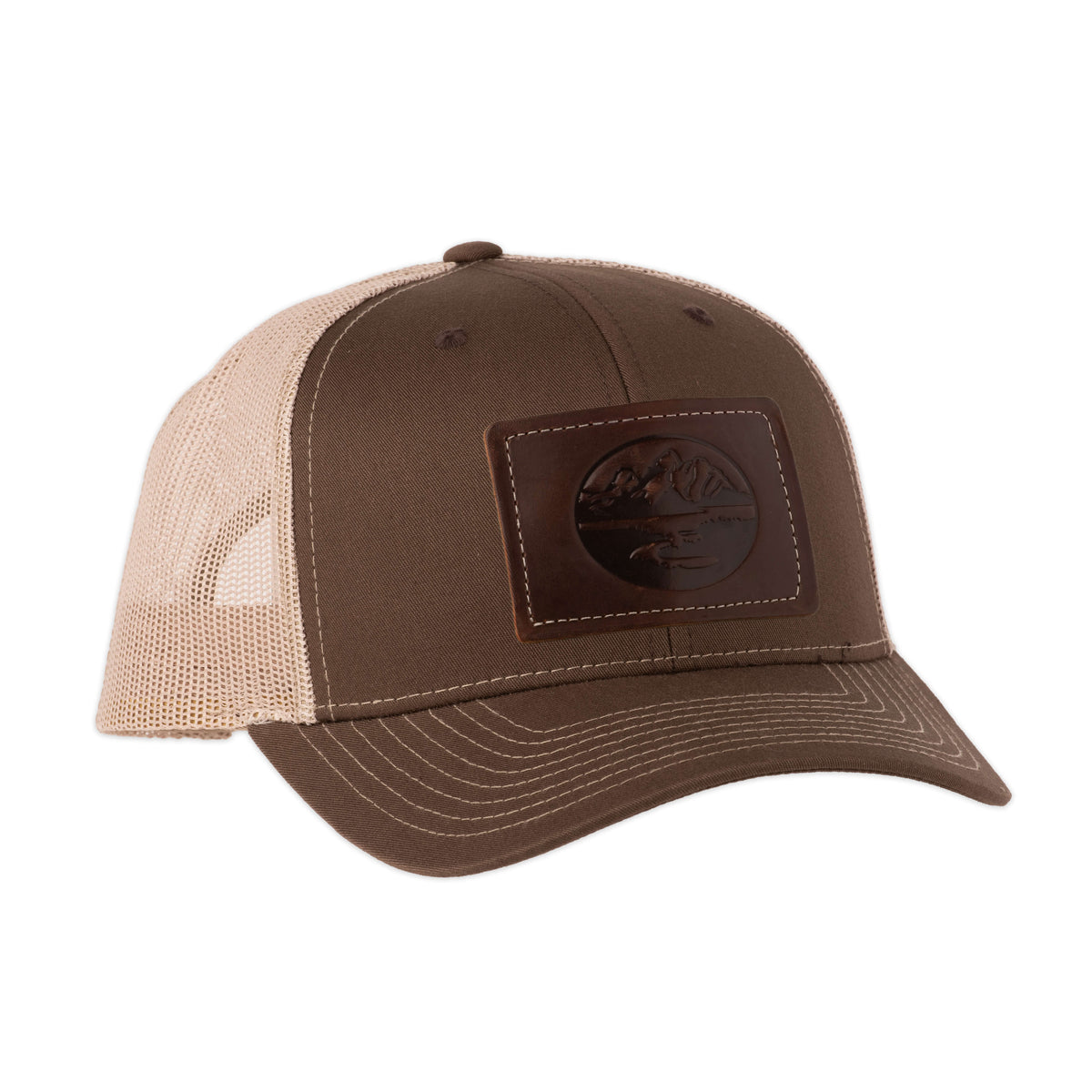 Madison Creek Outfitters Richardson 112 Leather Patch Trucker Hat - Brown/Khaki