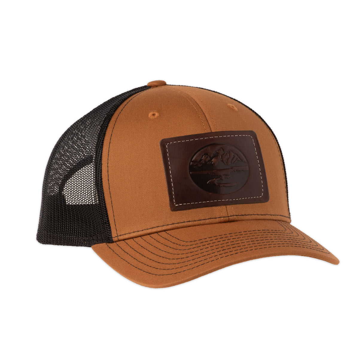 Madison Creek Outfitters Richardson 112 Leather Patch Trucker Hat - Navy/Caramel