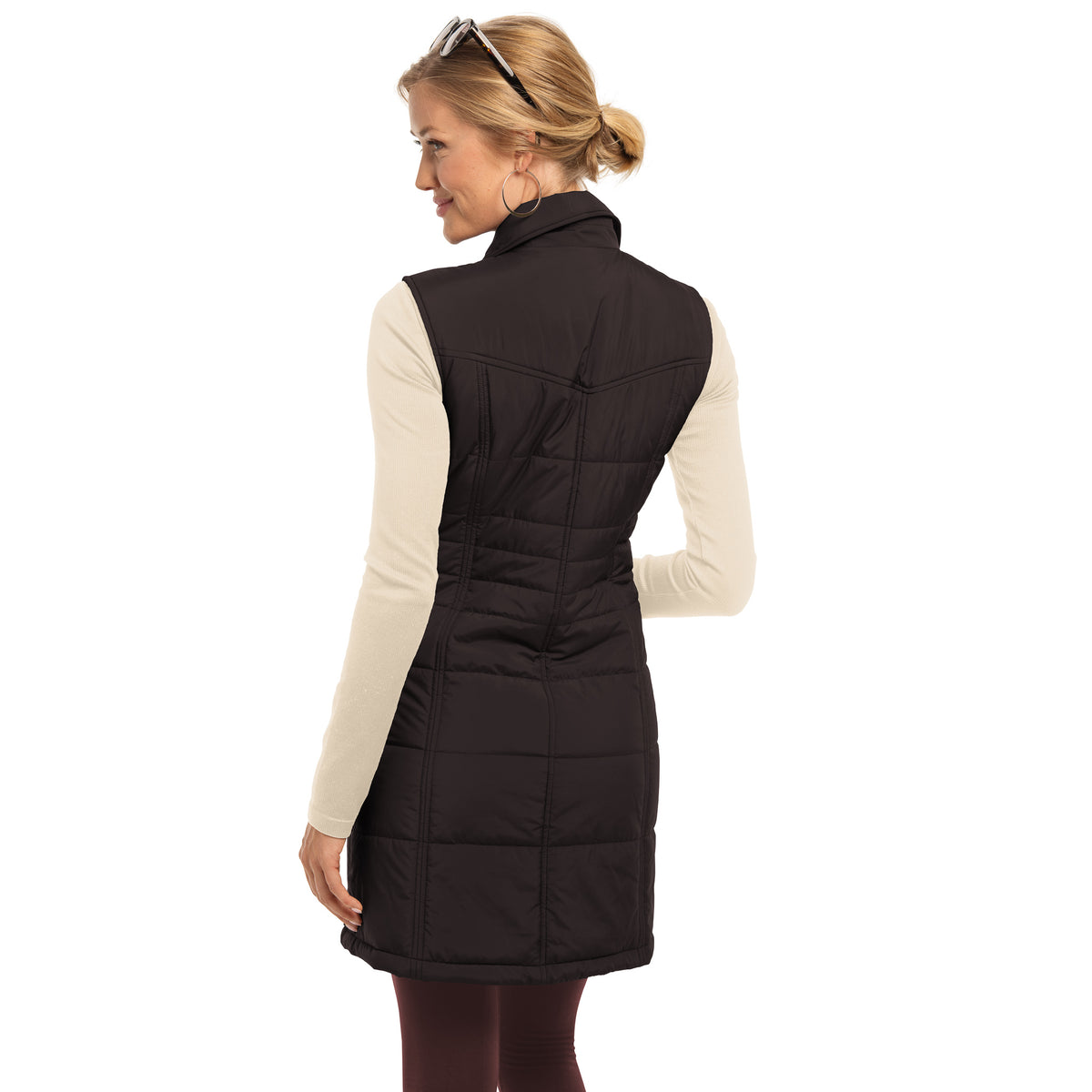 Back view of the Cascade long quilted nylon women&#39;s vest in black, featuring princess seams and a shaped yoke.