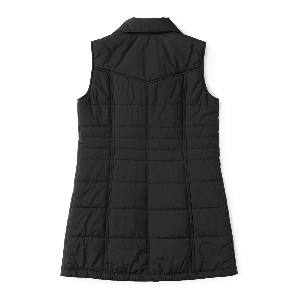 Flat back view of the Cascade long women’s nylon vest in black, showing contoured seams and extended length.