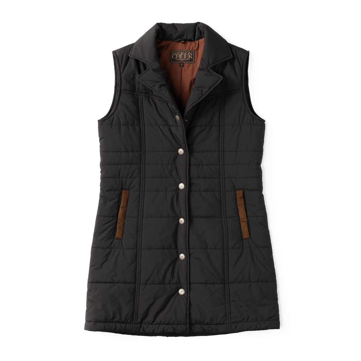 Flat lay of the Cascade long nylon women&#39;s vest in black with microsuede-trimmed welt pockets and pewter arrowhead snap front.