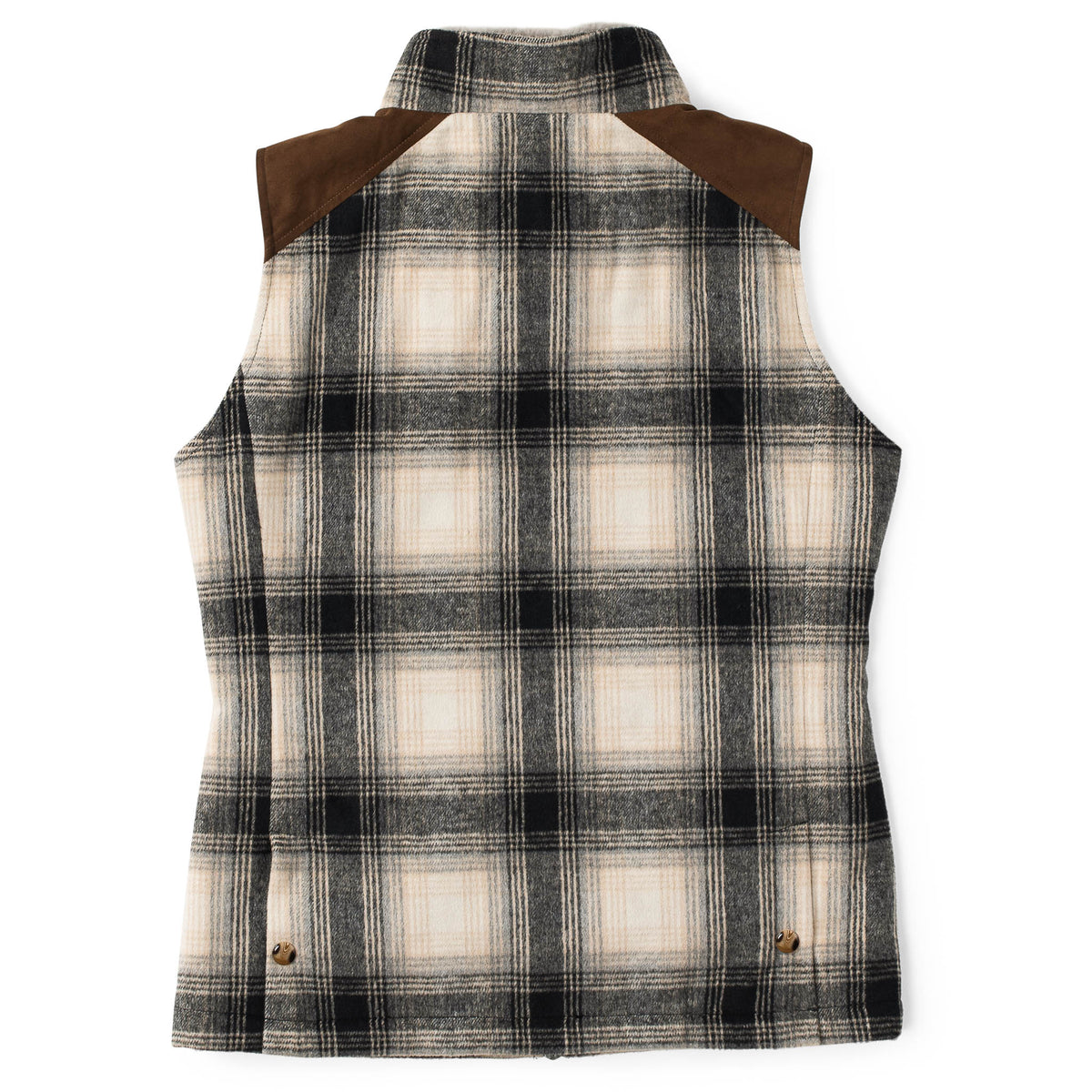 Flat back view of the Cashiers wool blend vest in charcoal plaid with shaping seams, microsuede shoulder panels, and back vents with snap closure.