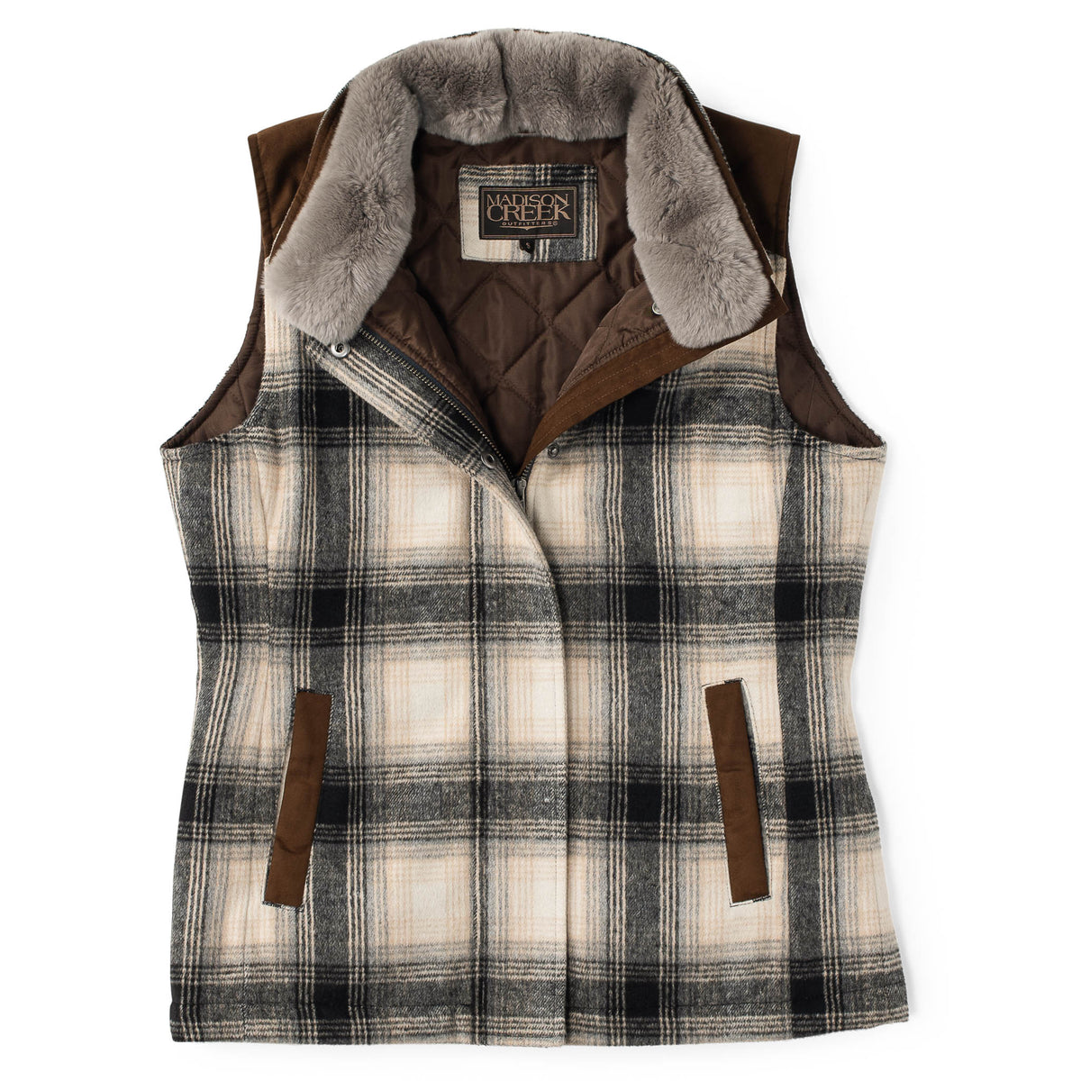 Flat lay front view of the Cashiers wool blend vest with rabbit fur collar and microsuede trim.