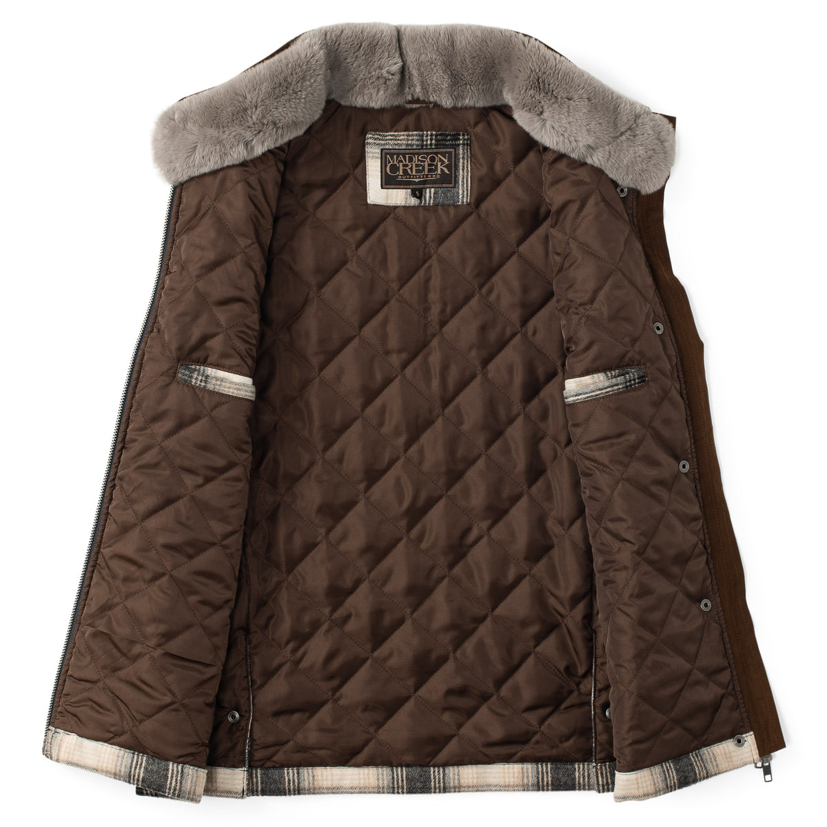 Interior view of the Cashiers vest showing brown quilted lining, interior welt pockets, and fur collar.