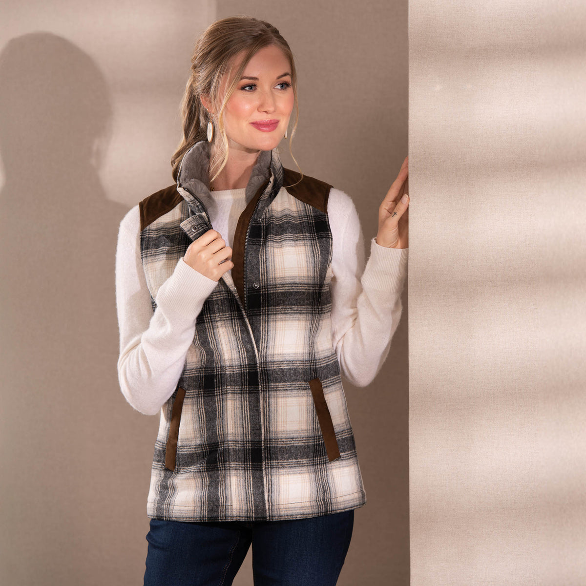 Cashiers Wool Blend Vest with Rabbit Fur Collar