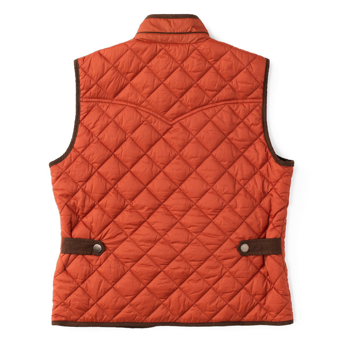 Flat lay back view of the Ennis quilted nylon vest in copper, featuring a shorter length and microsuede waist tabs.