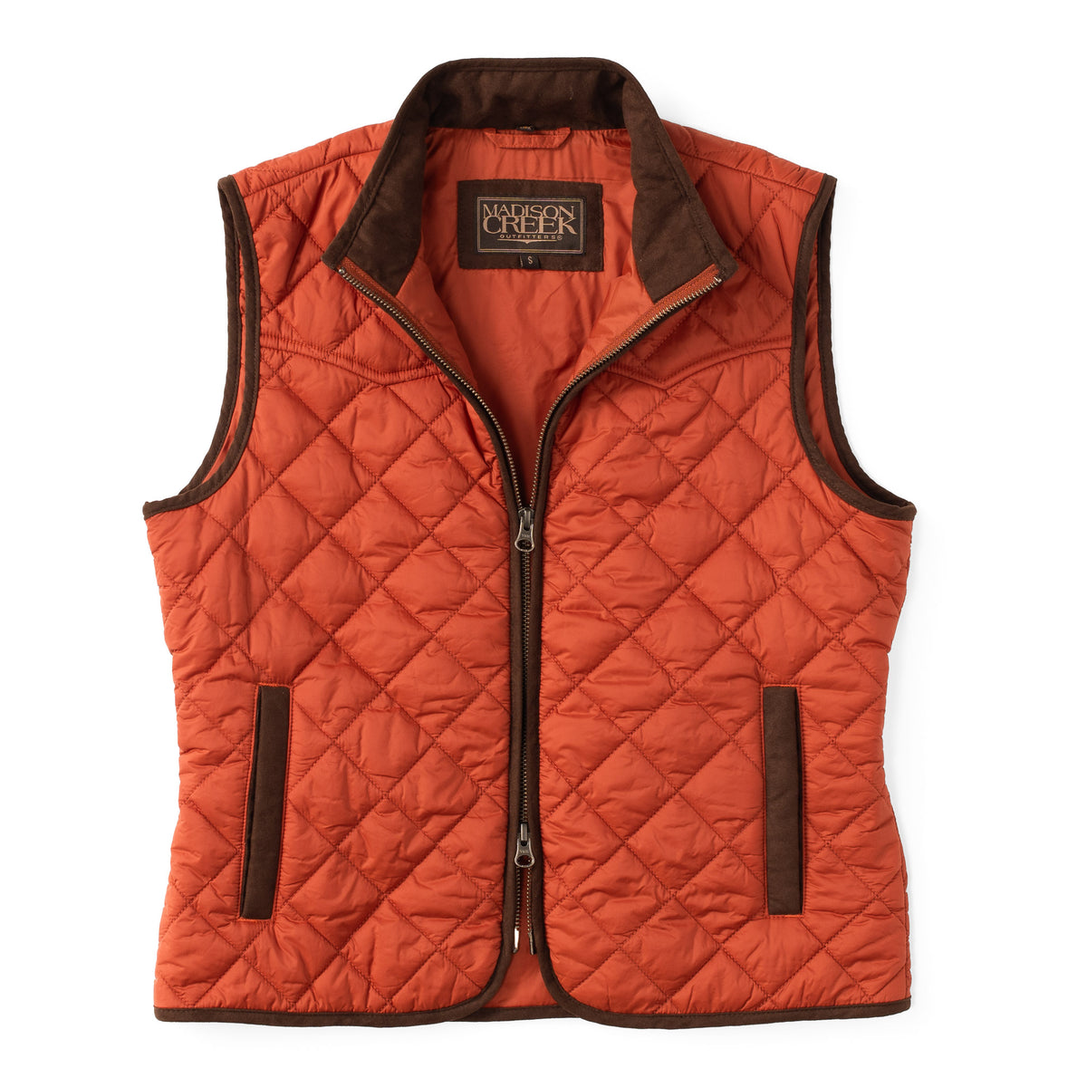 Flat lay front view of the women’s Ennis diamond quilted nylon vest in copper with microsuede trim and two-way zipper.