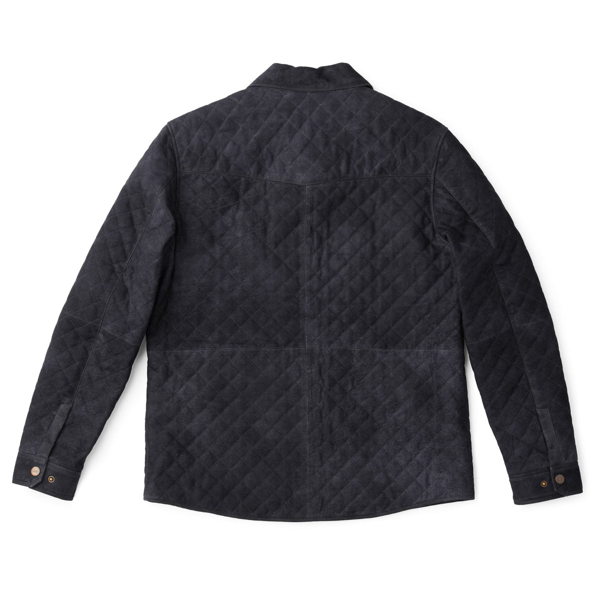 Flat back view of the Franklin Waxed Goat Suede Quilted Jacket in Navy with full quilted construction, double-stitched seams, and lightly waxed goat suede finish.
