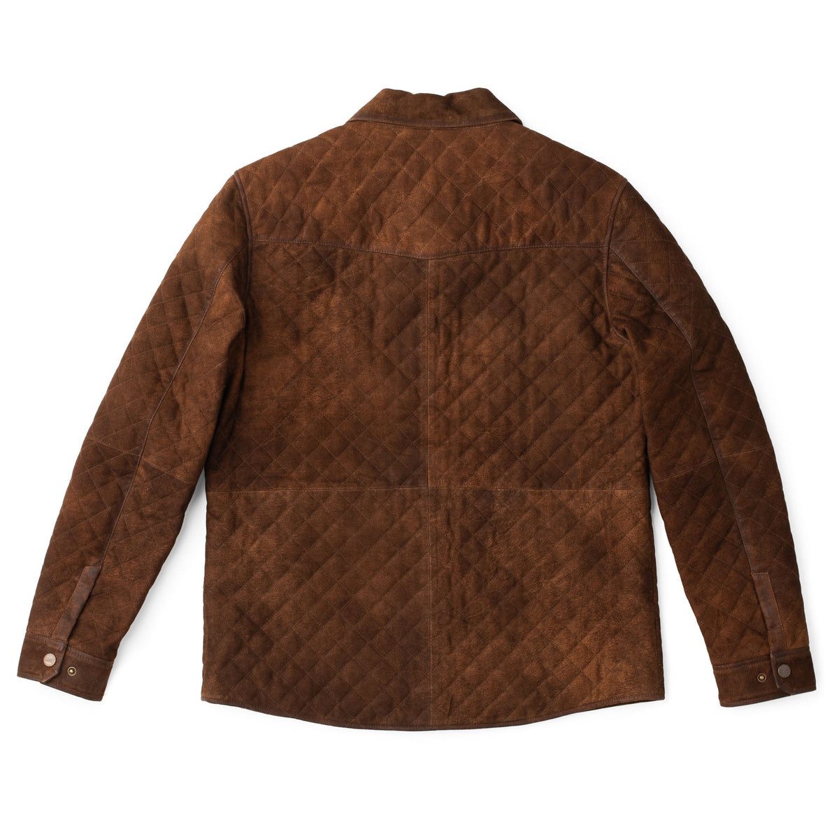 Flat back view of the Franklin Waxed Goat Suede Quilted Jacket in Bourbon with full quilted construction, double-stitched seams, and lightly waxed goat suede finish.