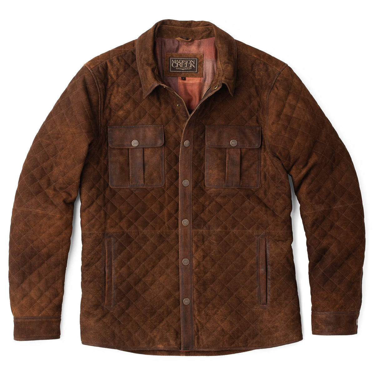 Flat front view of the Franklin Waxed Goat Suede Quilted Jacket in Bourbon, featuring snap front closure, pleated chest pockets, and lightly waxed goat suede.
