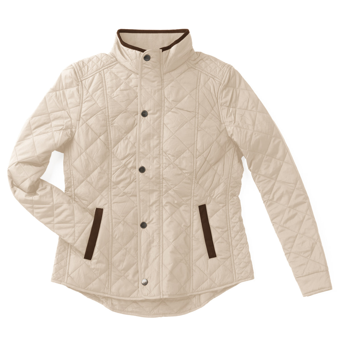 Winter white quilted jacket with brown accents on a white background