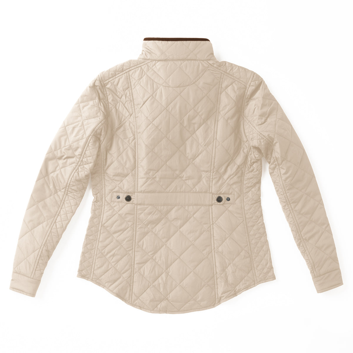 Winter white quilted jacket with brown accents on a white background