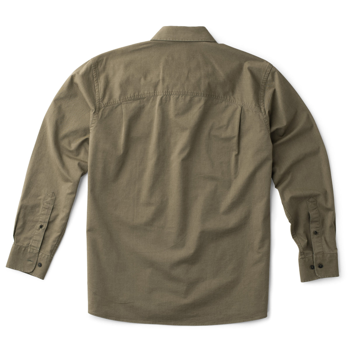 A men's olive green long-sleeve casual button-down shirt with two chest pockets on a white background — back view