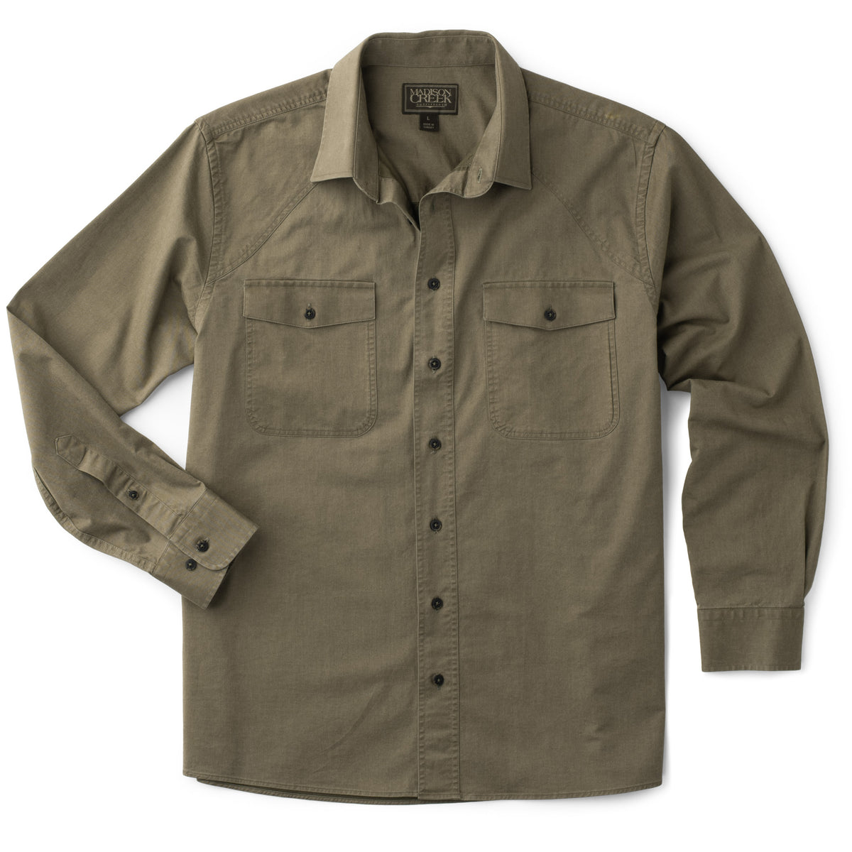 A men's olive green long-sleeve casual button-down shirt with two chest pockets on a white background — front view