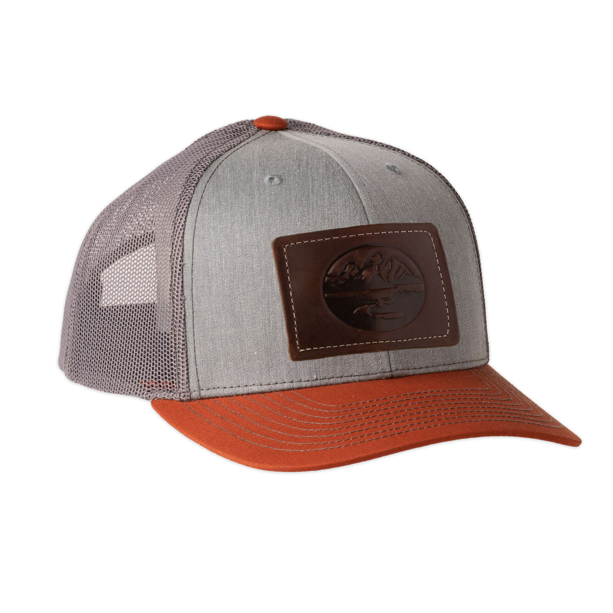 Madison Creek Outfitters Richardson 112 Leather Patch Trucker Hat - Heather Grey/Orange