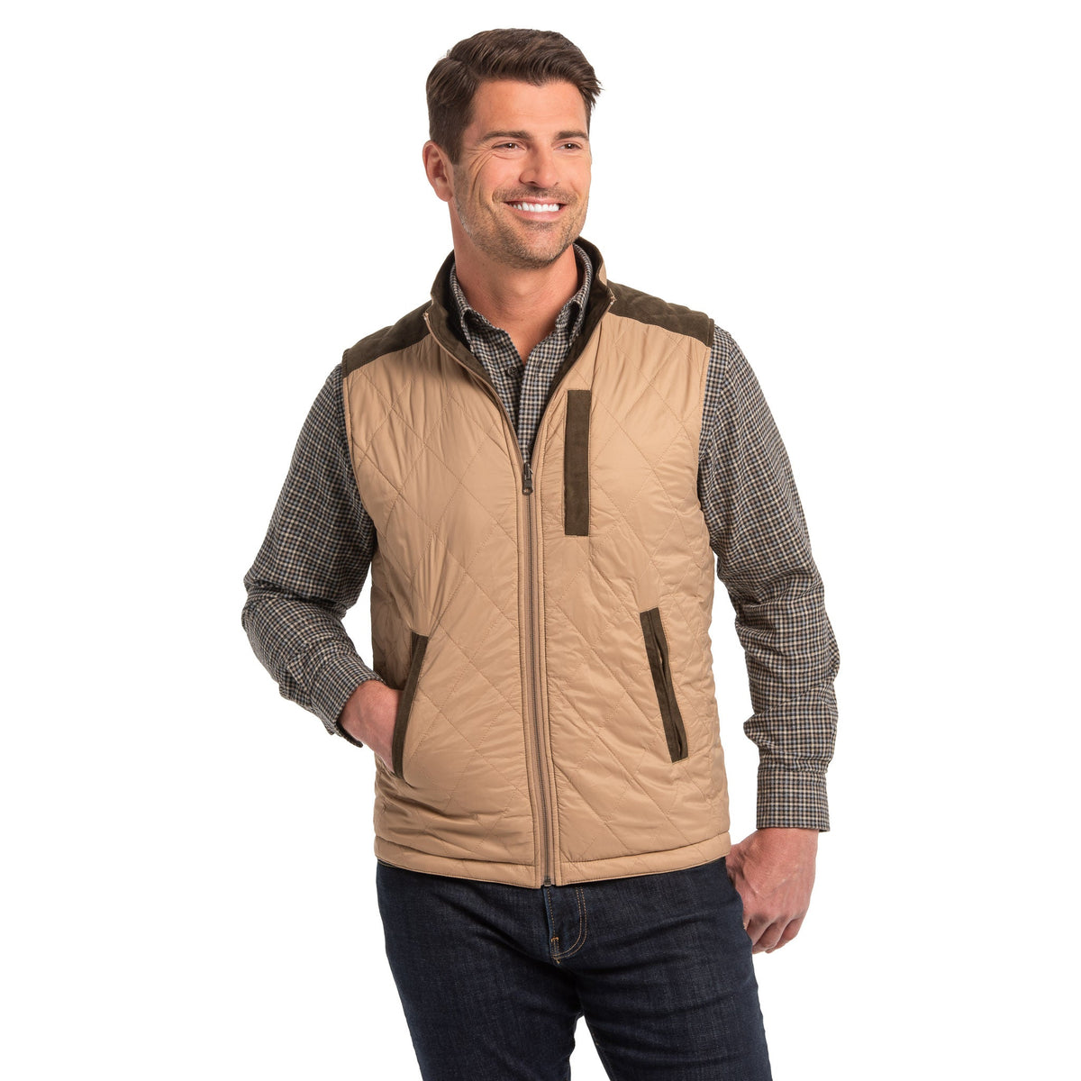 High Point Nylon & Microsuede Reversible Vest - Olive / Taupe